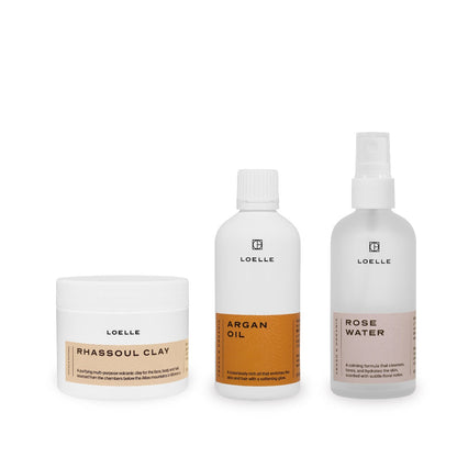 LOELLE Haut & Haar Detox Set - Arganöl, Rosenwasser und Rhassoul Tonerde - Set