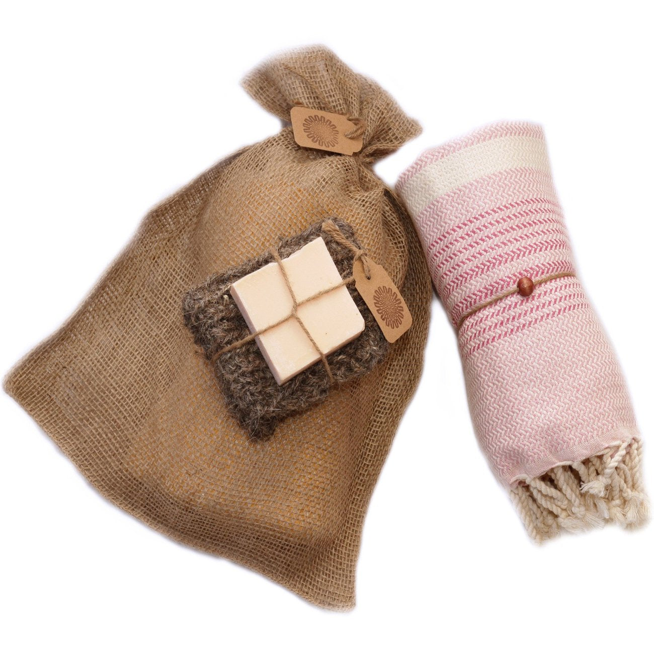 MADEATHAND Bad-Set im Jutesack - Geschenkset mit Hamam Handtuch, Naturseife, Badehandschuh