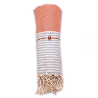 MADEATHAND Hamamtuch Sauna & Strand bunt gestreift - orange hellblau gerollt