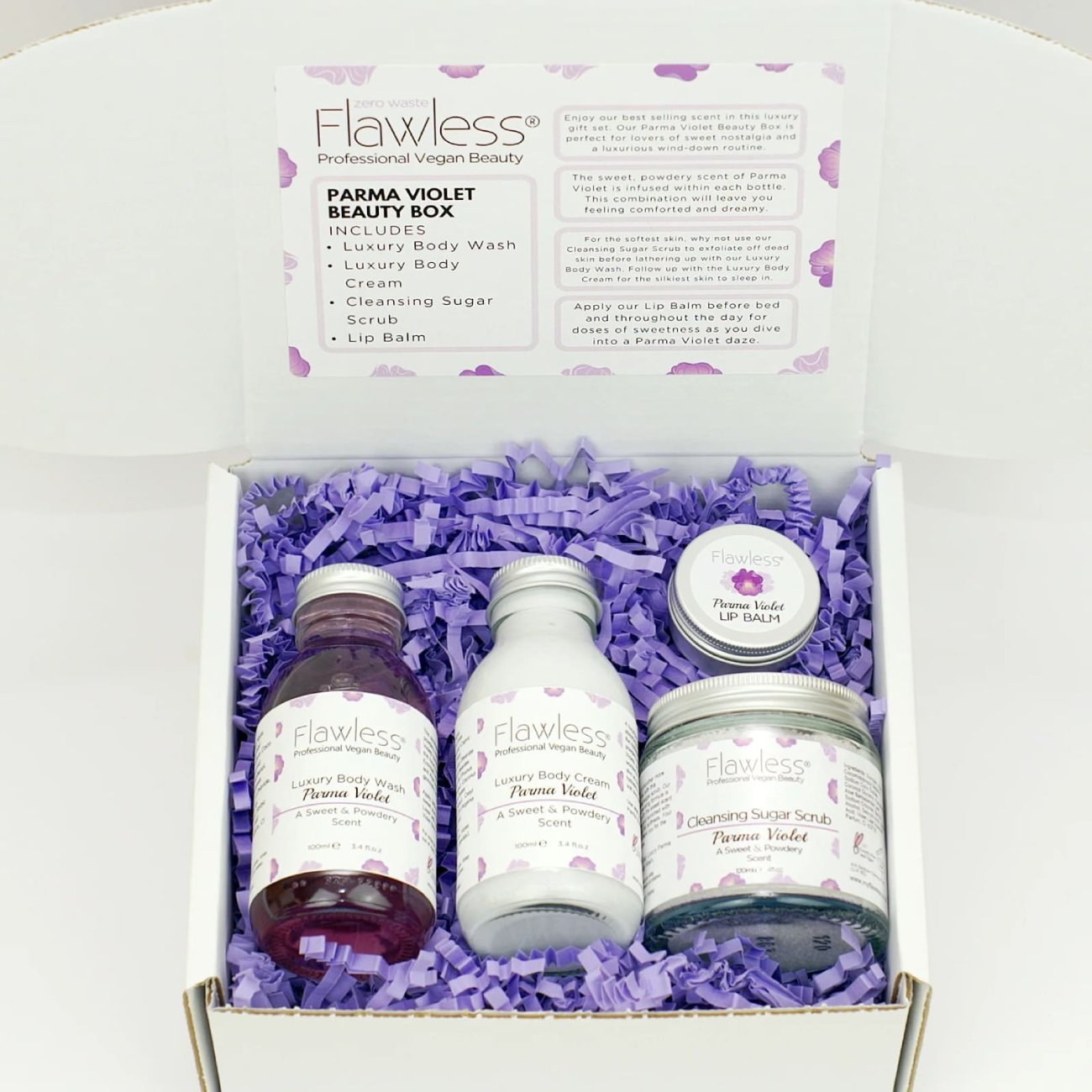 FLAWLESS Geschenkset zum Verwöhnen Parma-Veilchen  - Bodylotion, Waschlotion, Zuckerpeeling, Lippenbalsam - Box offen