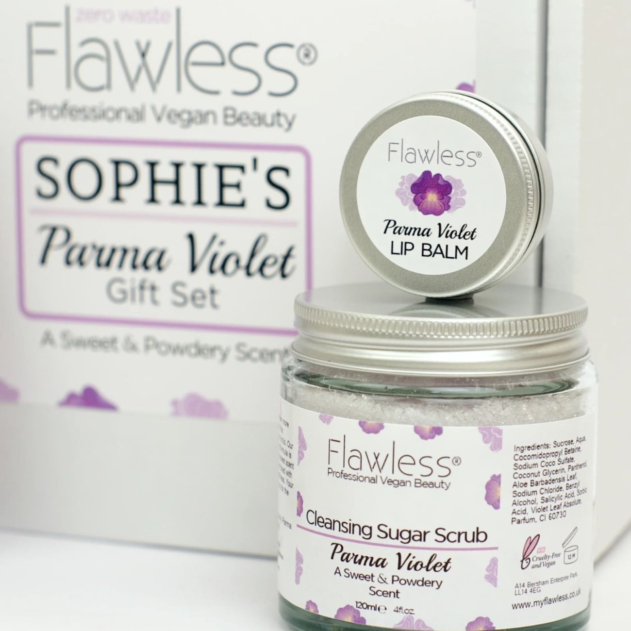 FLAWLESS Geschenkset zum Verwöhnen Parma-Veilchen  - Zuckerpeeling, Lippenbalsam