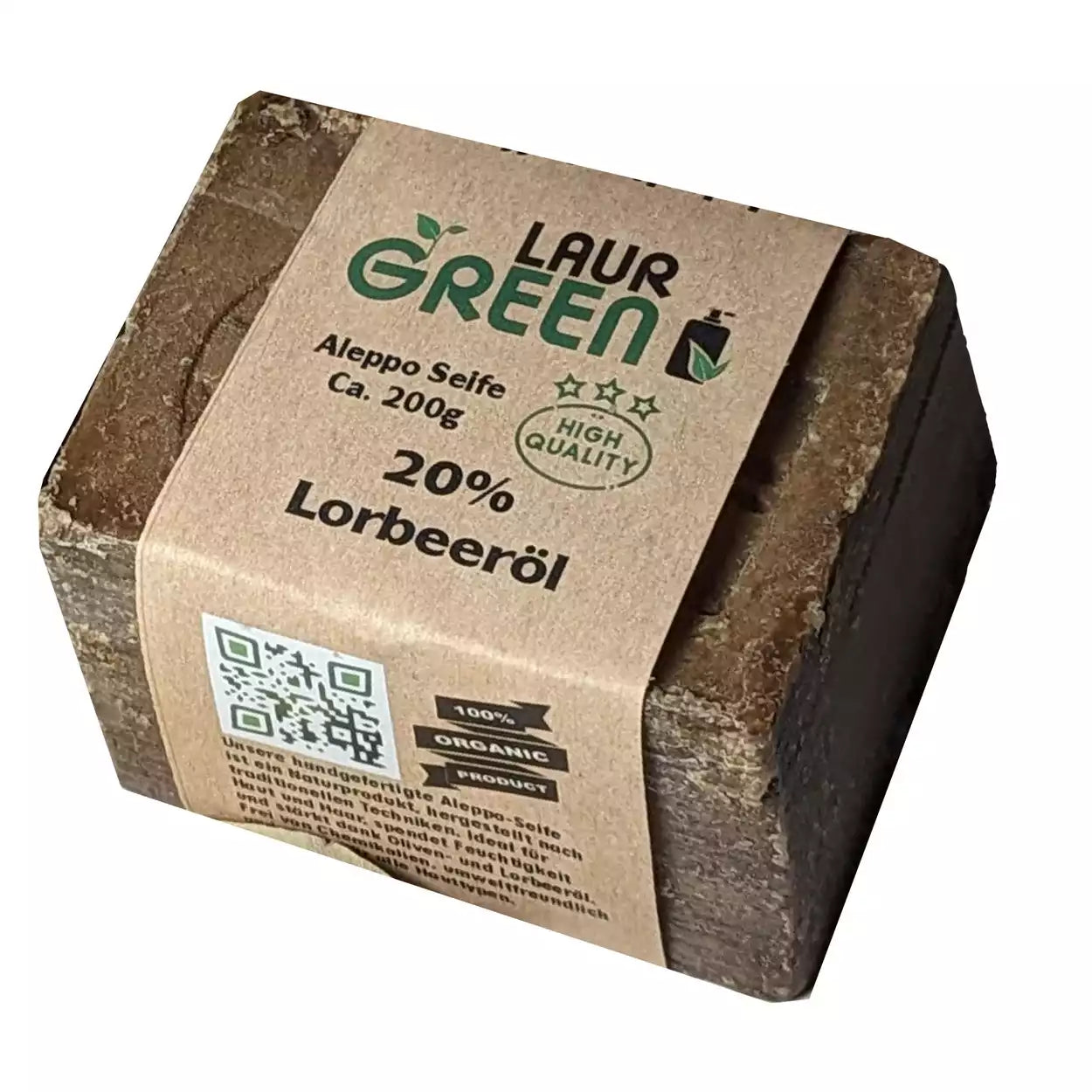 LAURGREEN Classic Original Aleppo Seife mit 20% Loorbeeröl  - 1 Stück mit Banderole