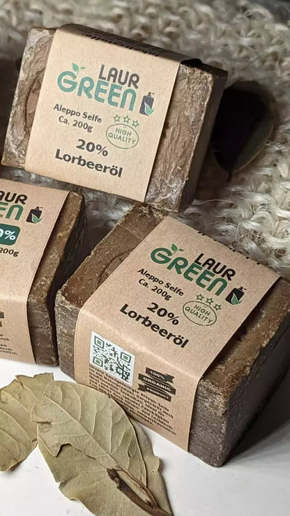 LAURGREEN Classic Original Aleppo Seife mit 20% Loorbeeröl  - 3 Stück mit Banderole