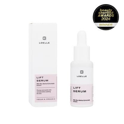 LOELLE Gesichtspflege Lift Serum mit Bakuchiol gegen Falten 30ml -  Glaslasche, Kartonage, Award Logo