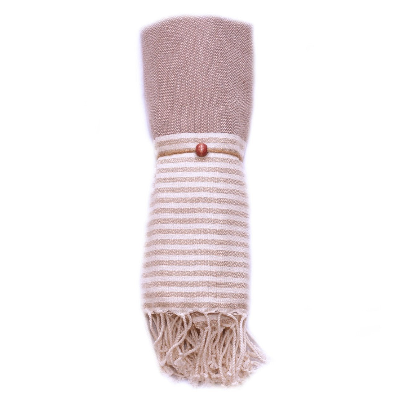 MADEATHAND Hamamtuch Sauna & Strand bunt gestreift - brau beige gerollt