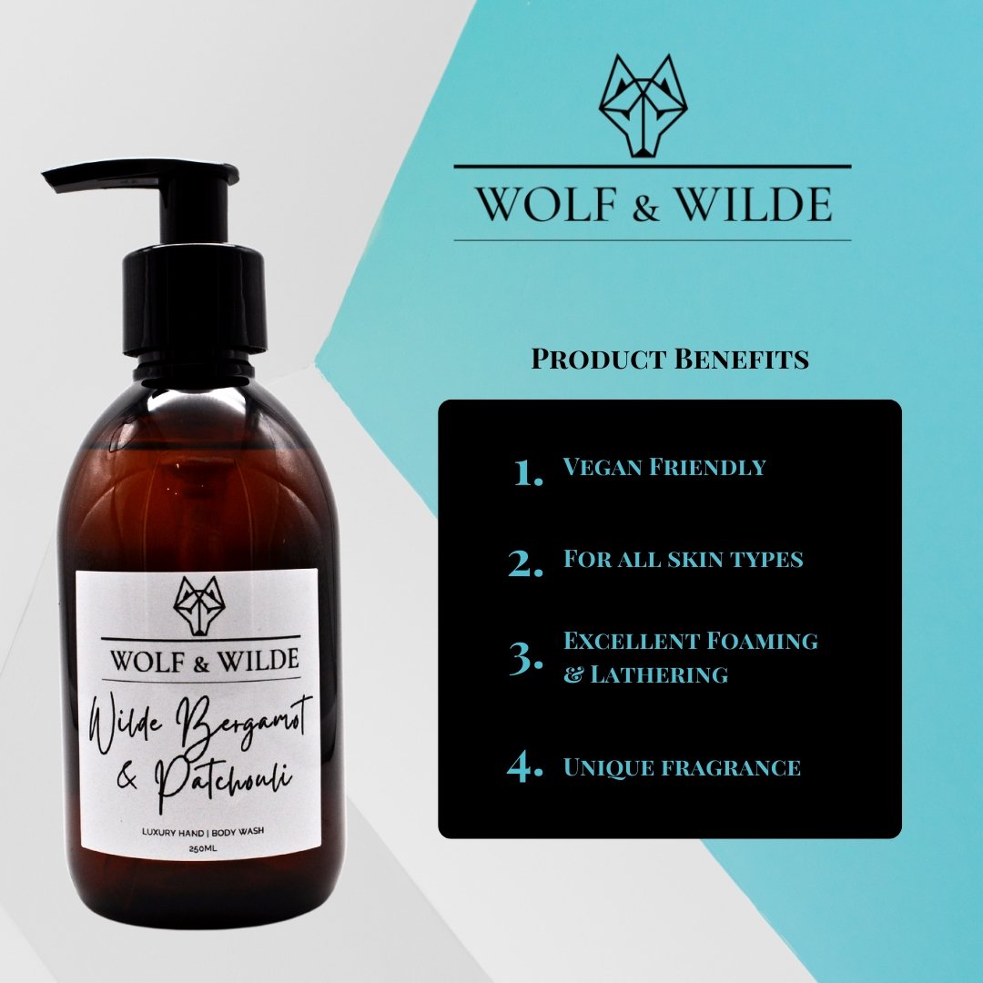 WOLF & WILDE Wilde Bergamot & Patchouli handgemachte Luxus Flüssigseife 2-in-1  250ml - keypfacts