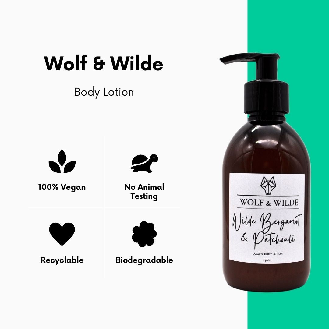 WOLF & WILDE "WILDE Bergamot & Patchouli" Bodylotion 250ml - Spenderflasche mit Produktvorteilen 100% vegan, tierversuchsfrei, recylebar, biologisch abbaubar