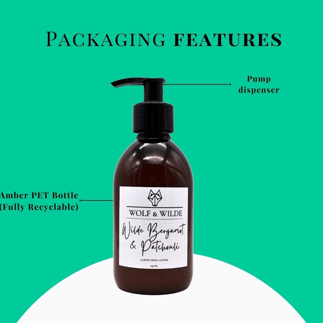 WOLF & WILDE "WILDE Bergamot & Patchouli" Bodylotion 250ml - Verpackung: Bernsteinfarbene PET Flasche und Pumpspender